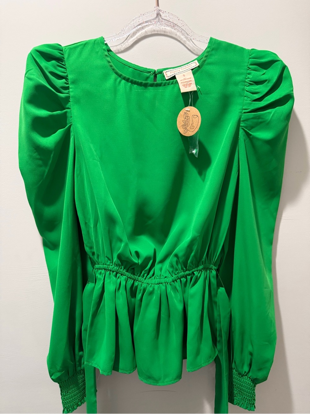 Flying Tomato Emerald Green Puff-Sleeve Peplum Blouse